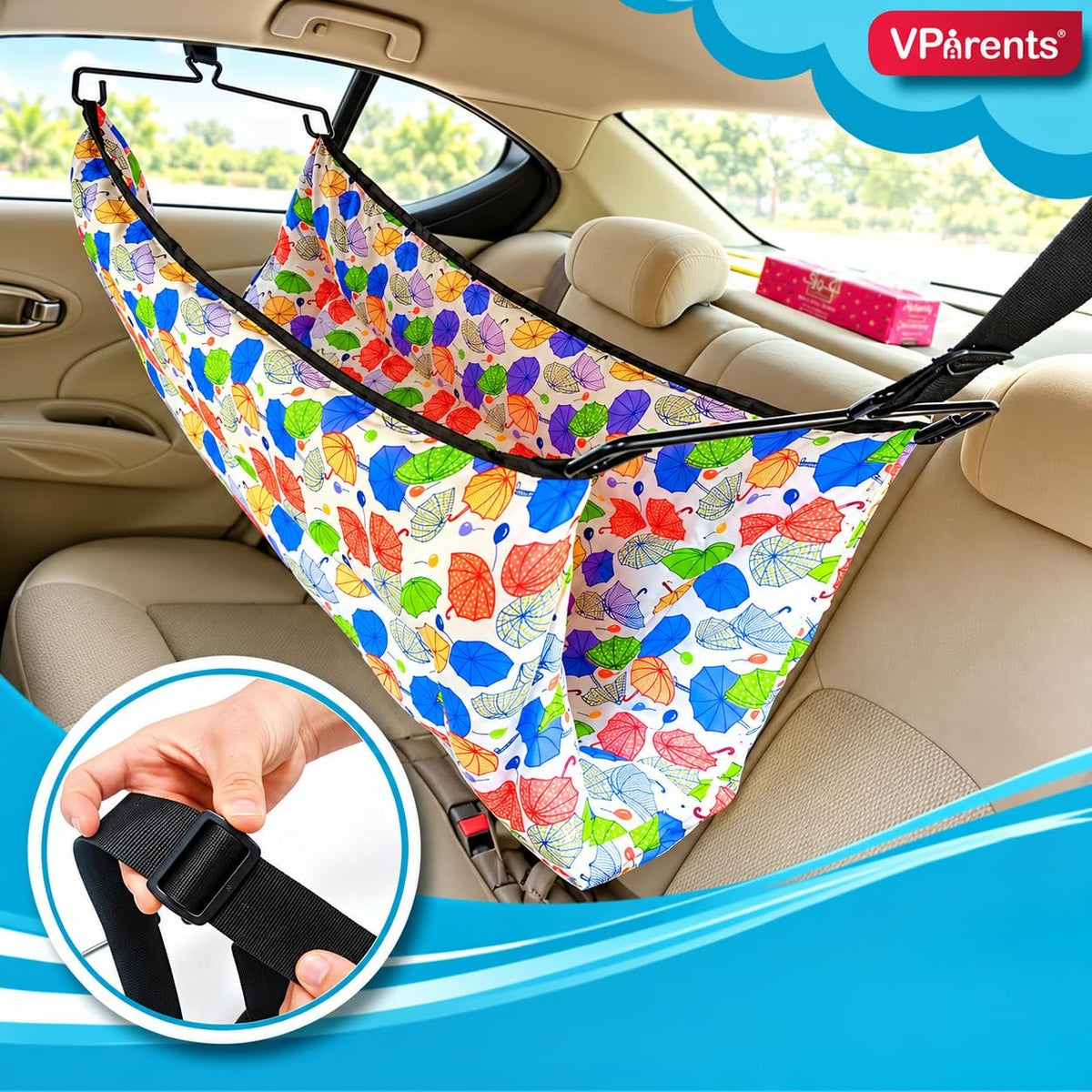 VParents Car Cradle Hammock for 0 to 2 year baby | Portable with Adjustble Belt, Hammock Cloth, Hangers