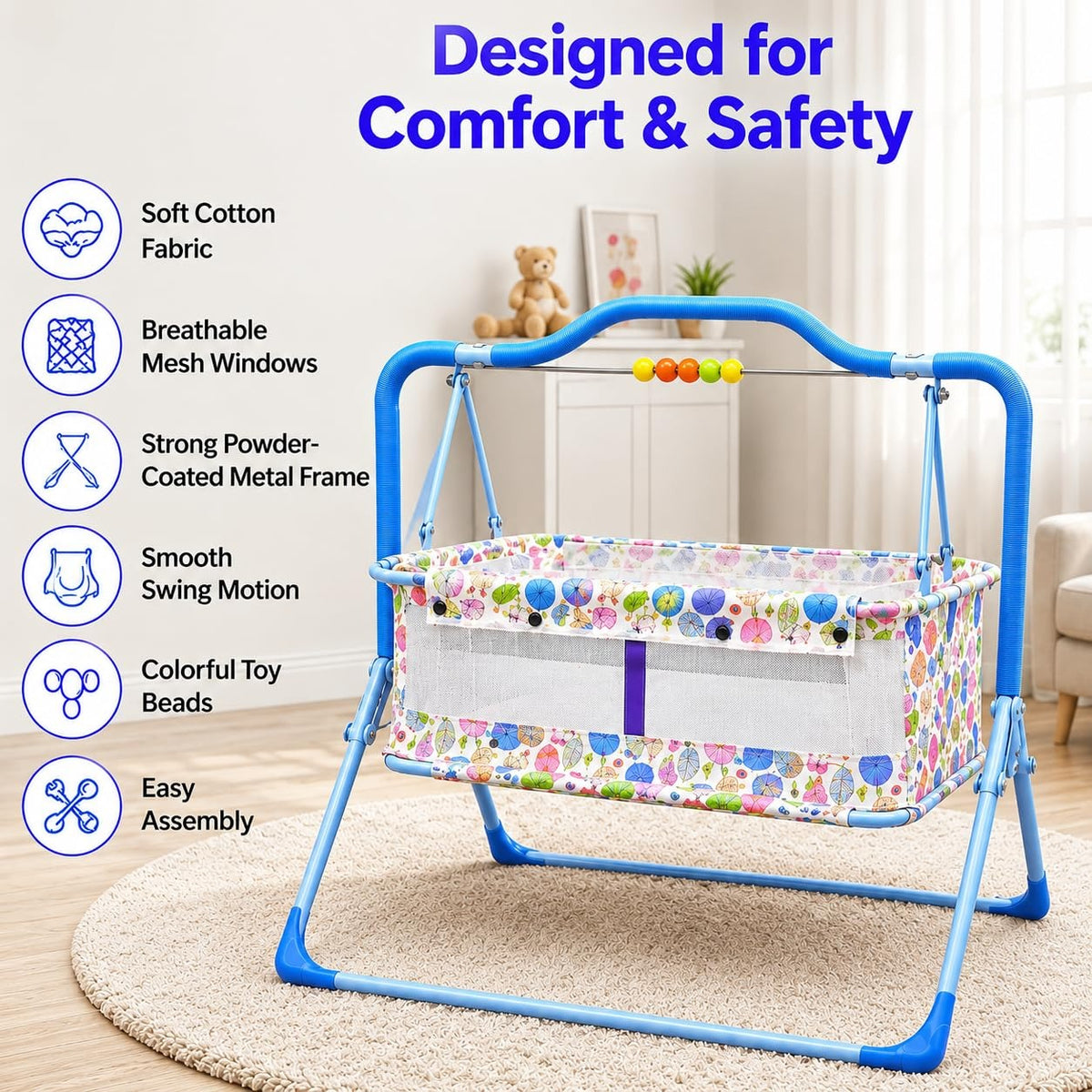 VParents Umbi New Born Baby Crib Bassinet cot Swing Cradle Jhula Palna (blue)