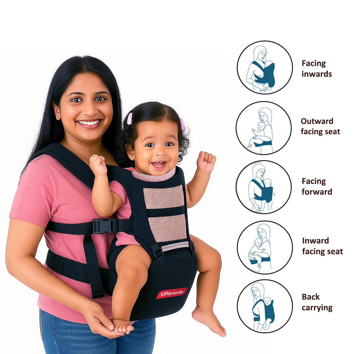 VParents Hip Seat Baby Carrier with 4 Carry Positions, Baby Carrier with Hip seat for 3 to 36 Months Baby, Adjustable New-Born to Toddler Carrier, Max Weight Up to 15 Kgs  Royal(Black)