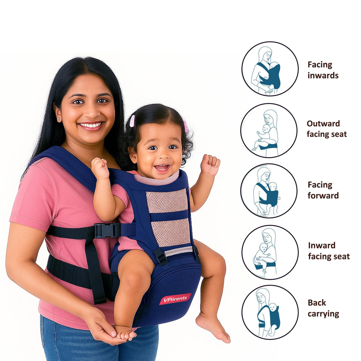 VParents Hip Seat Baby Carrier with 4 Carry Positions, Baby Carrier with Hip seat for 3 to 36 Months Baby, Adjustable New-Born to Toddler Carrier, Max Weight Up to 15 Kgs Royal (Blue)