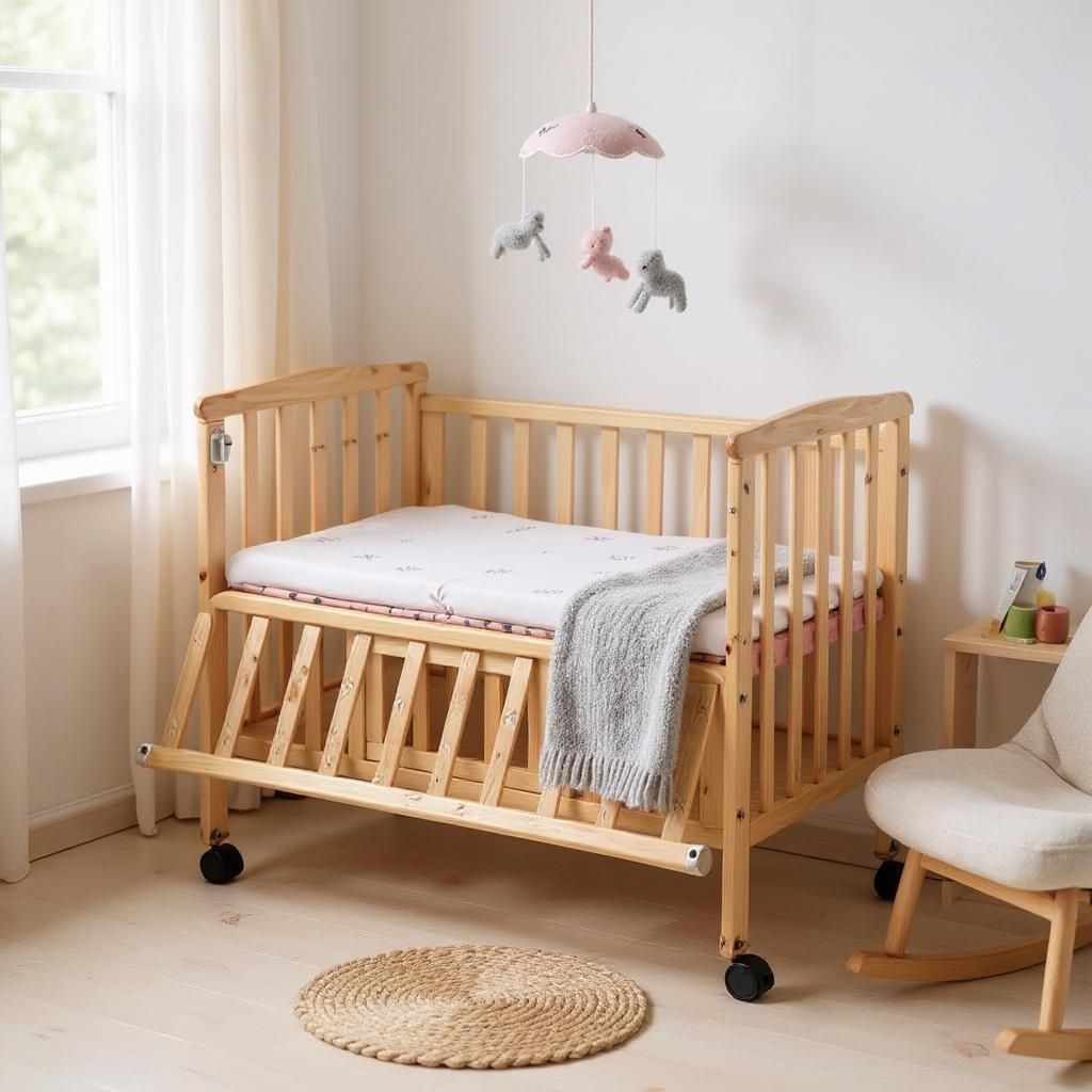 VParents wooden Multi usage Baby Crib Cot Cradle Bed with Mattress and Mosquito Net with storage space