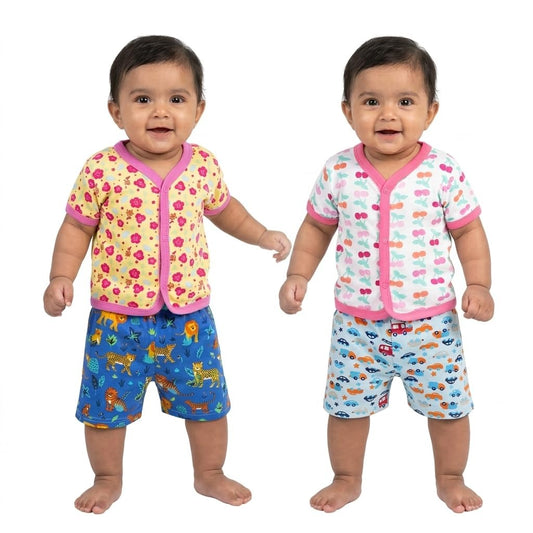 VParents Cotton New Born Baby Boy's & Baby Girls Half sleeves jabla and Shorts -Multicolour