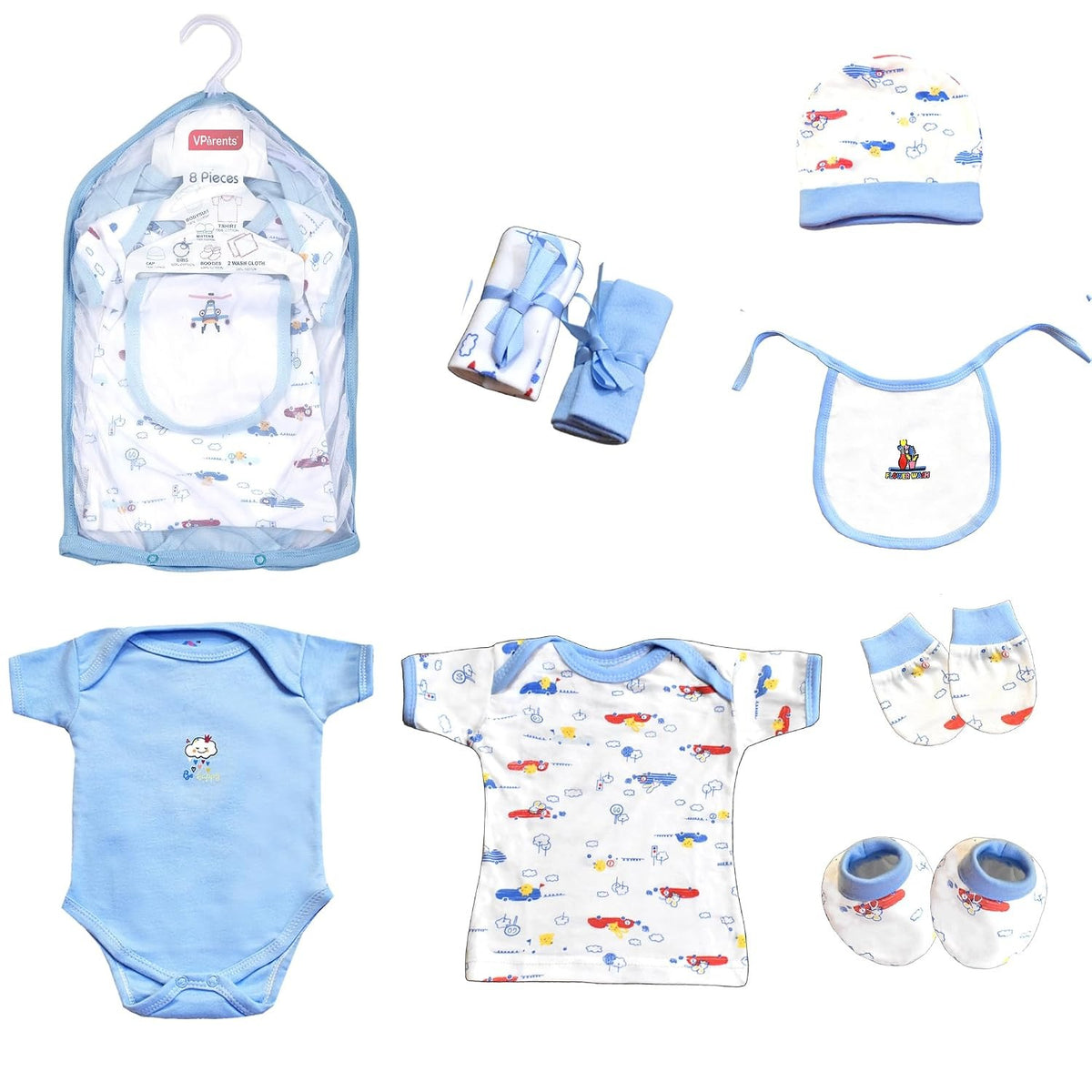 VParents Honey Punch New Born Baby Gift Set (Blue, Pack of 8)
