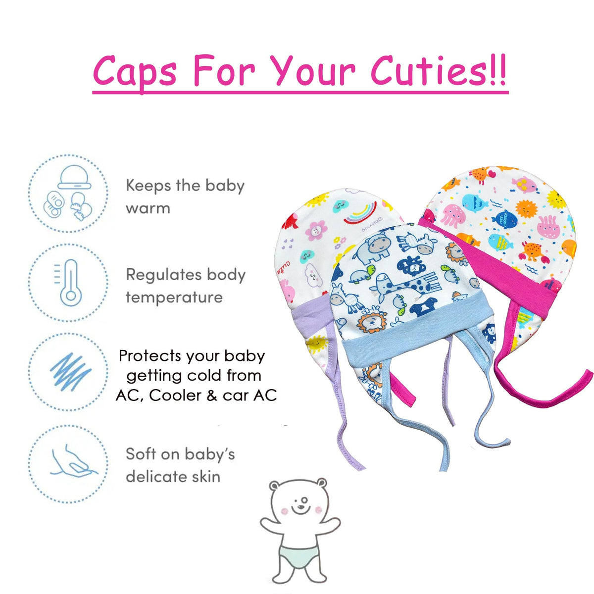 VParents New born Combo gift set for baby boy and girl cap mitten booties and rompers jacket pajama and tying cap (0 -6 month) Assorted Design pack of 15