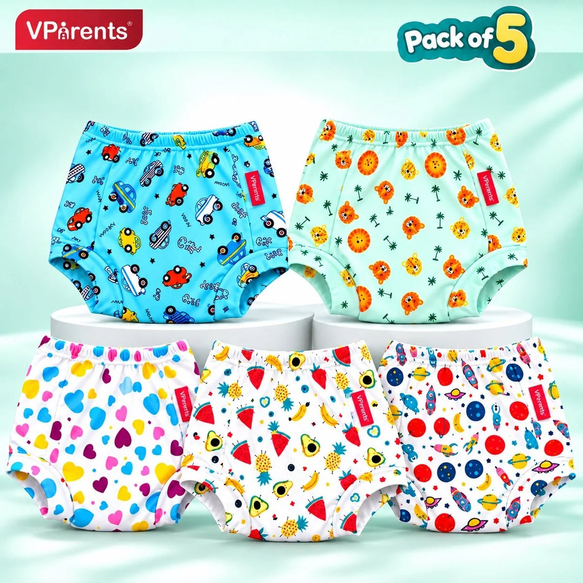 VParents Padded Underwear for Babies and Toddlers with 3 Layers of Cotton Padding Potty Training  Pull Up & Diaper-Free Time Pack of 5 (2 - 3 YEARS Unicorn car boat galaxy mashroom)