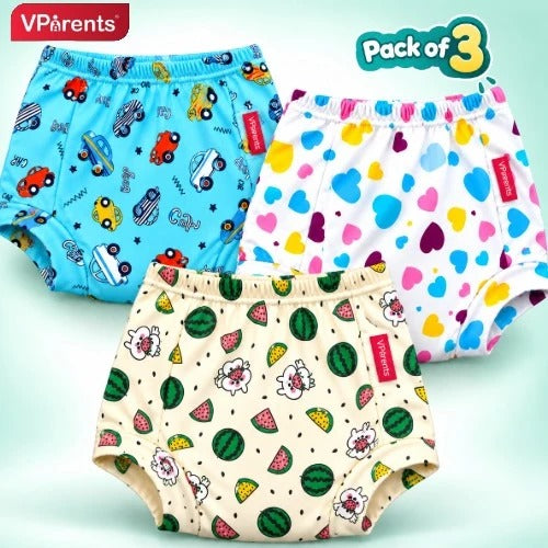 VParents Padded Underwear for Babies and Toddlers with 3 Layers of Cotton Padding Potty Training  Pull Up & Diaper-Free Time Pack of 3 (1 - 2 YEARS Unicorn car and boat)