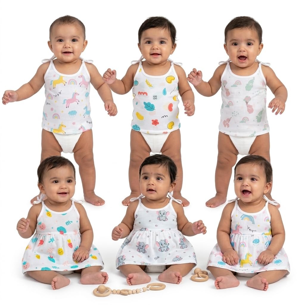 VParents 100% Organic Cotton knoted tying  frock and tying jabla Newborn Baby Girls Sleeveless Summerwear Dress Muslin Frock for Infants