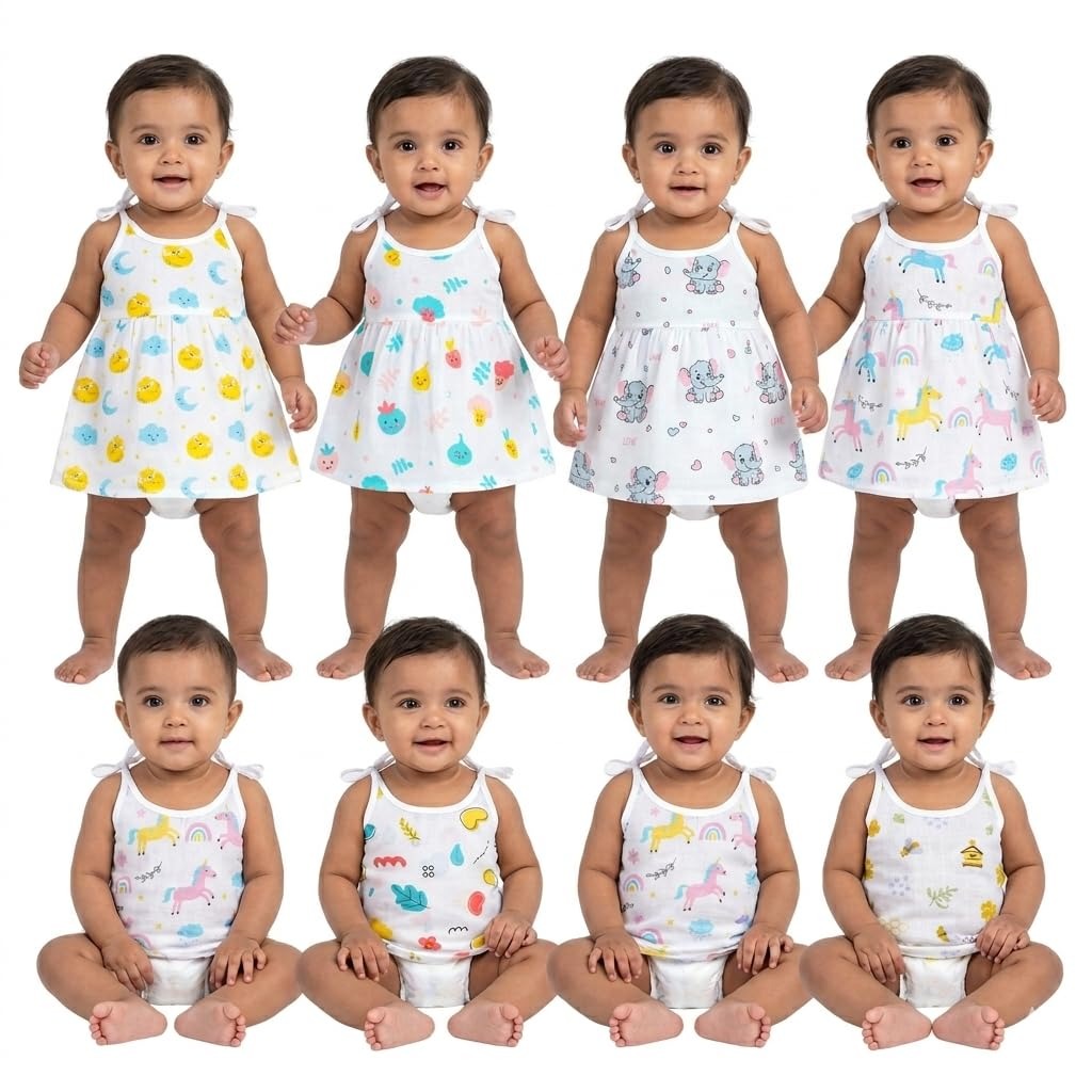 VParents 100% Organic Cotton knoted tying  frock and tying jabla Newborn Baby Girls Sleeveless Summerwear Dress Muslin Frock for Infants