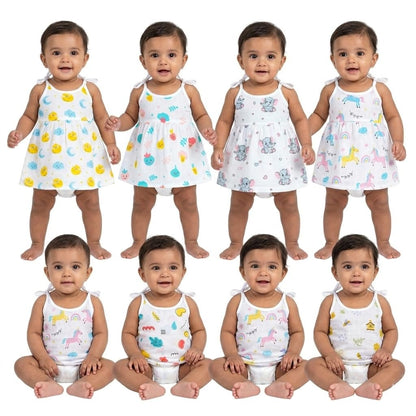 VParents 100% Organic Cotton knoted tying  frock and tying jabla Newborn Baby Girls Sleeveless Summerwear Dress Muslin Frock for Infants
