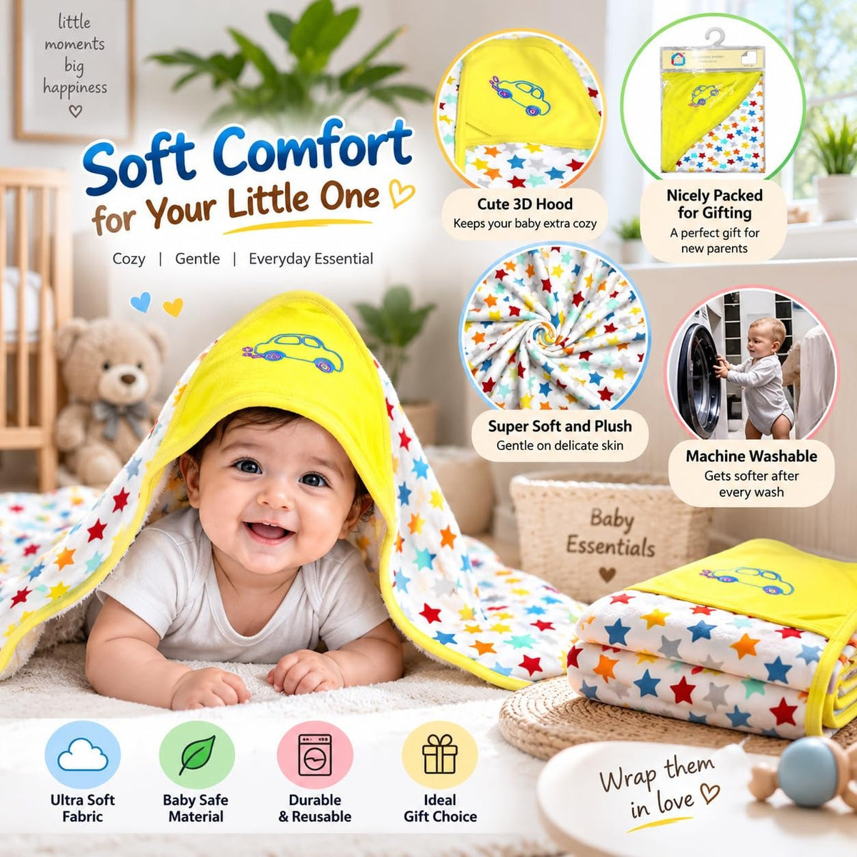 VParents cotton New Born Baby Hooded Wrapper Blanket,sigle layer  -Assorted design deo