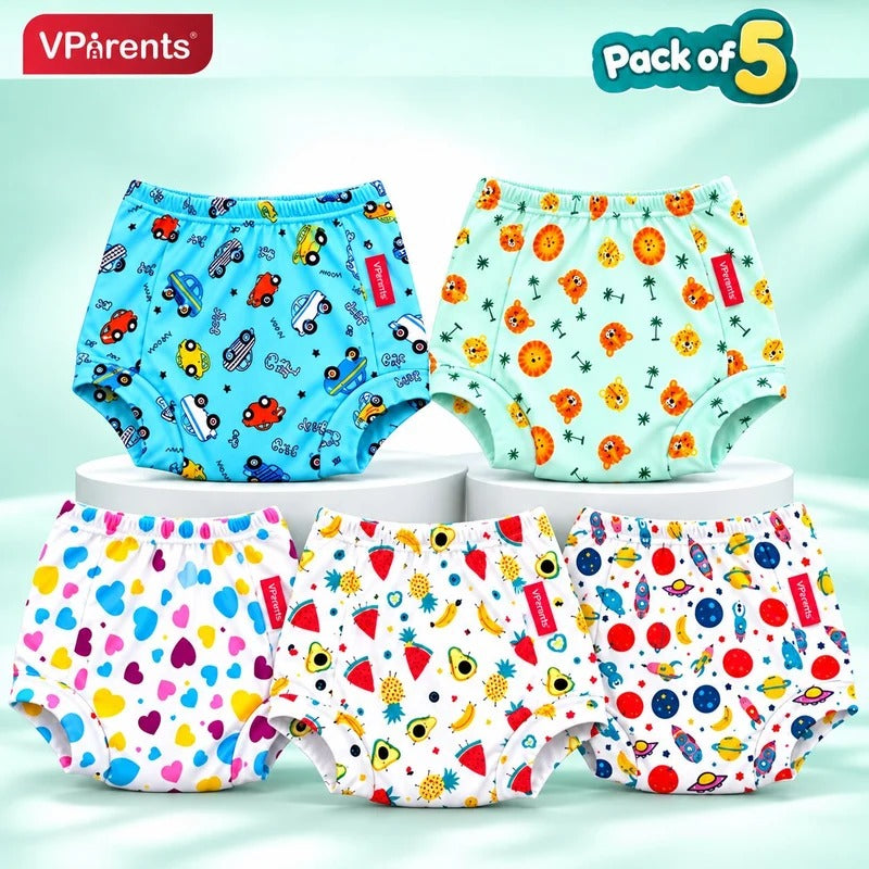 VParents Padded Underwear for Babies and Toddlers with 3 Layers of Cotton Padding Potty Training Pull Up & Diaper-Free Time Pack of 5(3-4 years) Lion car Heart galaxy Watermelon