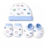 VParents Baby Mittens Caps Gloves and Booty Combo Set - (0-3 Months) | Unisex Booty  | Durable Cotton Gift Set | Multicoloured Hand Gloves and Socks | -Assorted Deisgn -Winter Clothing (Blue)