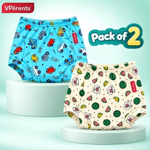 VParents Padded Underwear for Babies and Toddlers with 3 Layers of Cotton Padding Potty Training  Pull Up & Diaper-Free Time Pack of 2 (6 -12 months Unicorn and car)