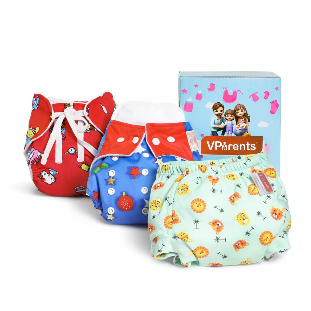 Vparents 3 in 1 Combo of  Padded Underwear Nappies and Cloth Diaper with insert for Diaper-Free Time (0 -6 month) Assorted Design