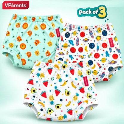 VParents Padded Underwear for Babies and Toddlers with 3 Layers of Cotton Padding Potty Training  Pull Up & Diaper-Free Time Pack of 3 (6 -12 months mushroom Dinosaur and galaxy)