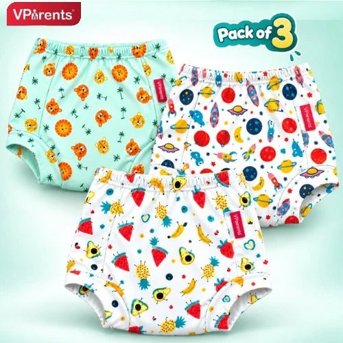 VParents Padded Underwear for Babies and Toddlers with 3 Layers of Cotton Padding Potty Training  Pull Up & Diaper-Free Time Pack of 3 (2 - 3 YEARS mushroom Dinosaur and galaxy)