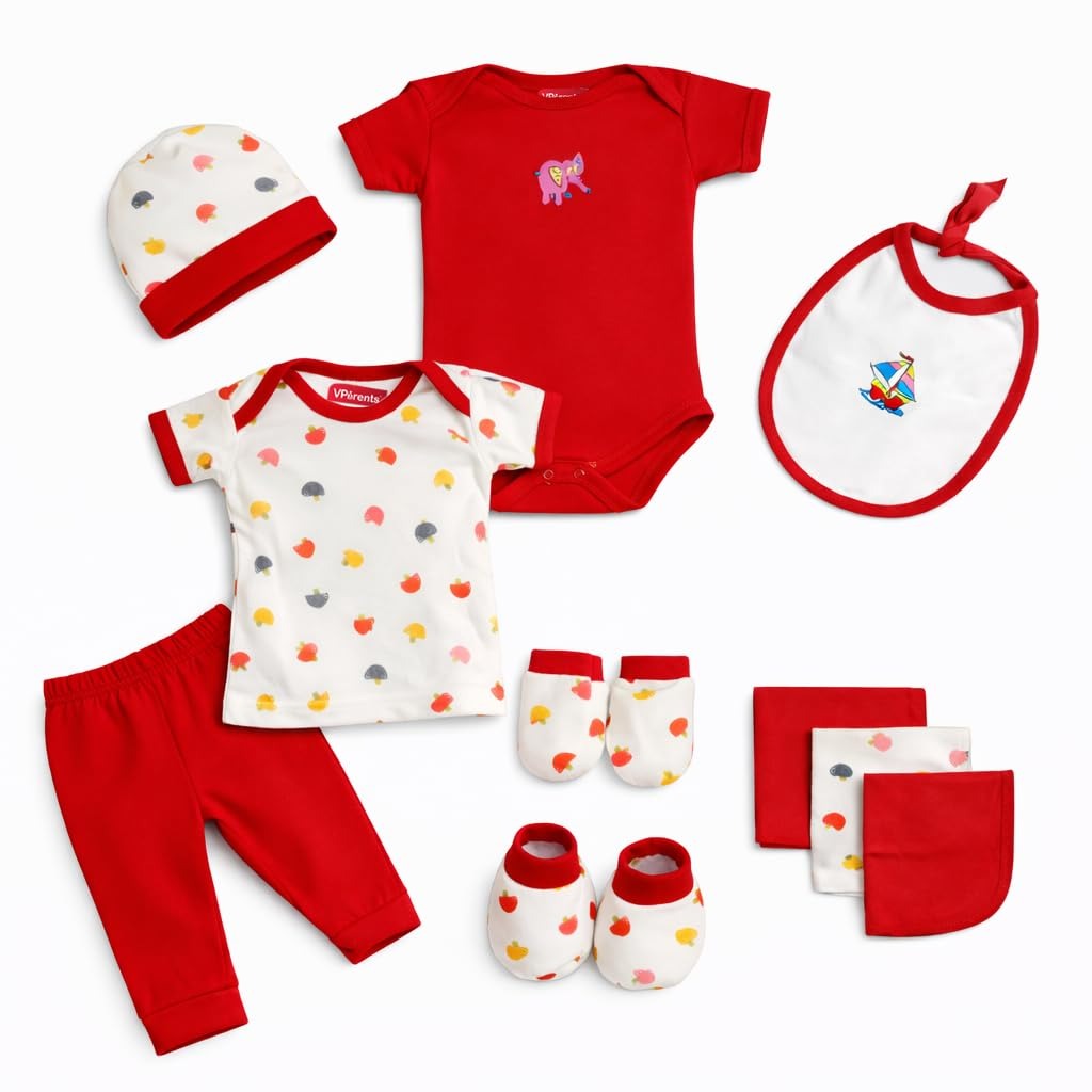 VParents Honey Punch New Born Baby Gift Set (Red, Pack of 10)