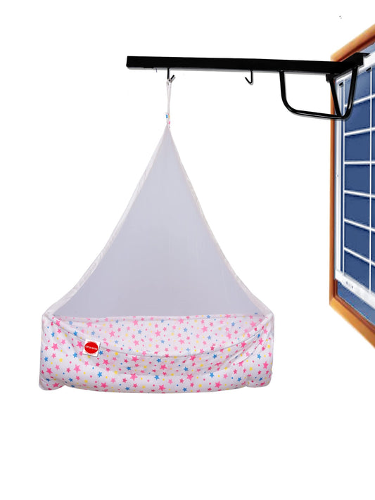 VParents Joy Baby Cradle with Attached bed and Mosquito net and Window Cradle Metal Hanger