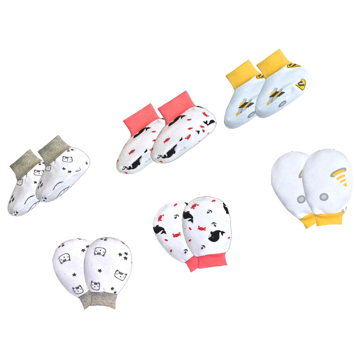VParents Baby Mitten and Booties Set New Born Printed Gloves & Socks Combo (Multicolor,0-6 Months) Pack of -3