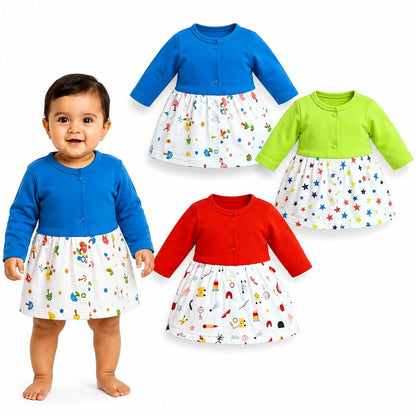 VParents Cotton Knee-Length Full Sleeves Girls Frock 6-12 months pack of 3