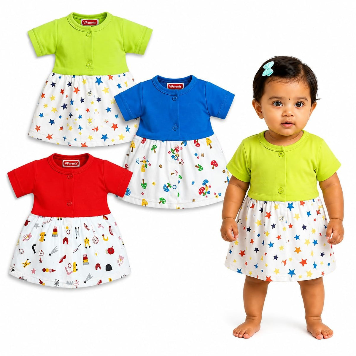 VParents Cotton Knee-Length Half Sleeves Girls Frock 12- 18 months pack of 3