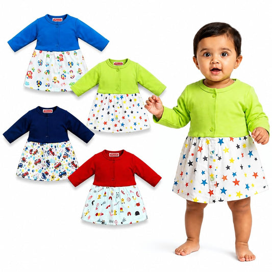 VParents Cotton Knee-Length Full Sleeves Girls 12- 18 months Frock pack of 4