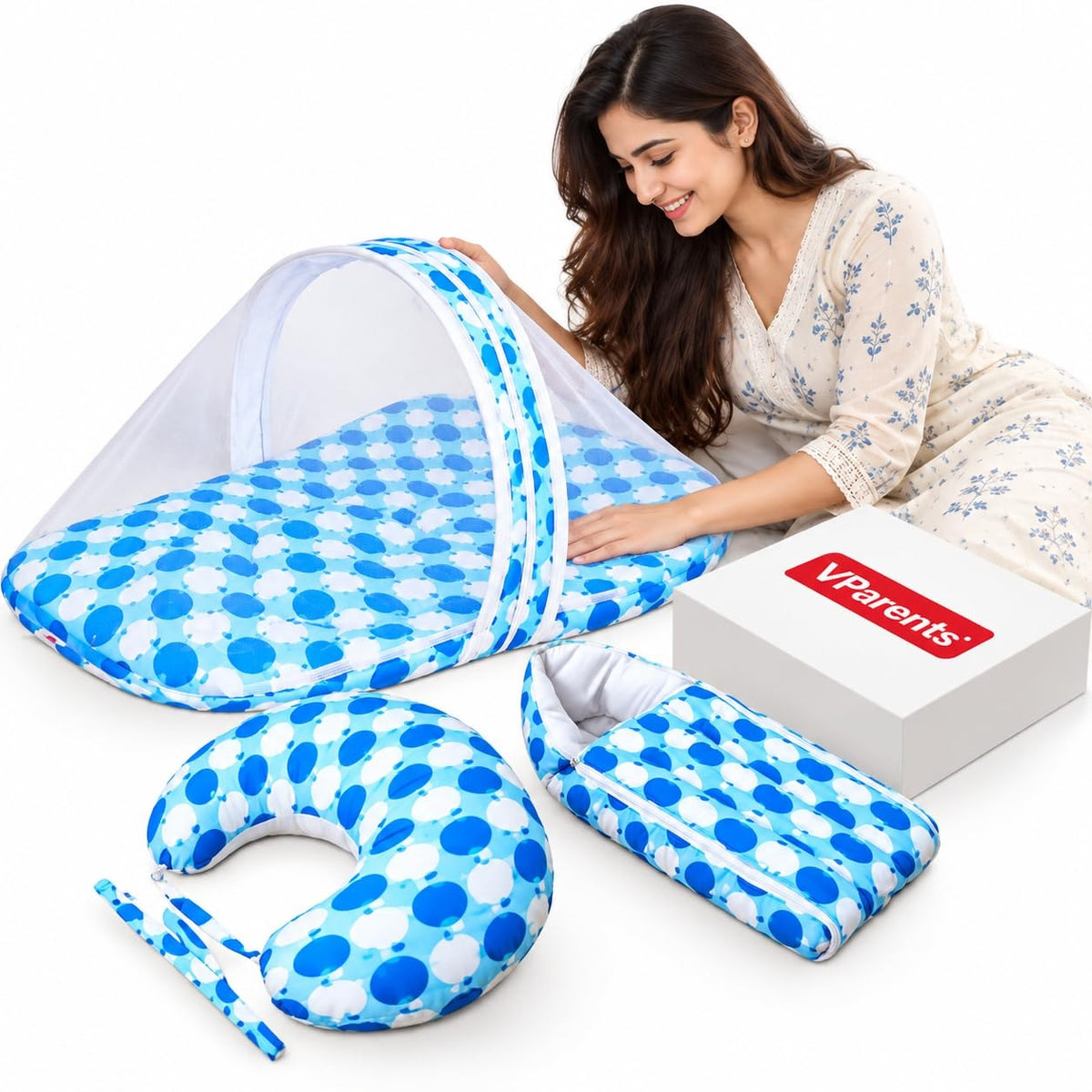 VParents Rosy Baby Feeding Pillow Bedding Set with Mosquito net and Sleeping Bag Combo