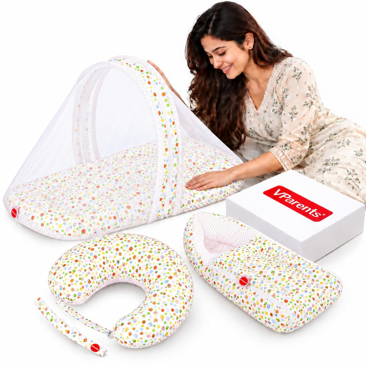 VParents Rosy Baby Feeding Pillow Bedding Set with Mosquito net and Sleeping Bag Combo