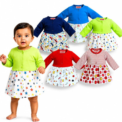 VParents Cotton Knee-Length Full Sleeves Girls 6-12 months Frock pack of 5
