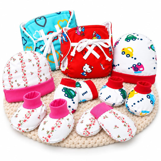 VParents New born Combo gift set for baby boy and girl 2 cap mitten booties and 2 Nappies (0 -6 month) Assorted Design pack of 8