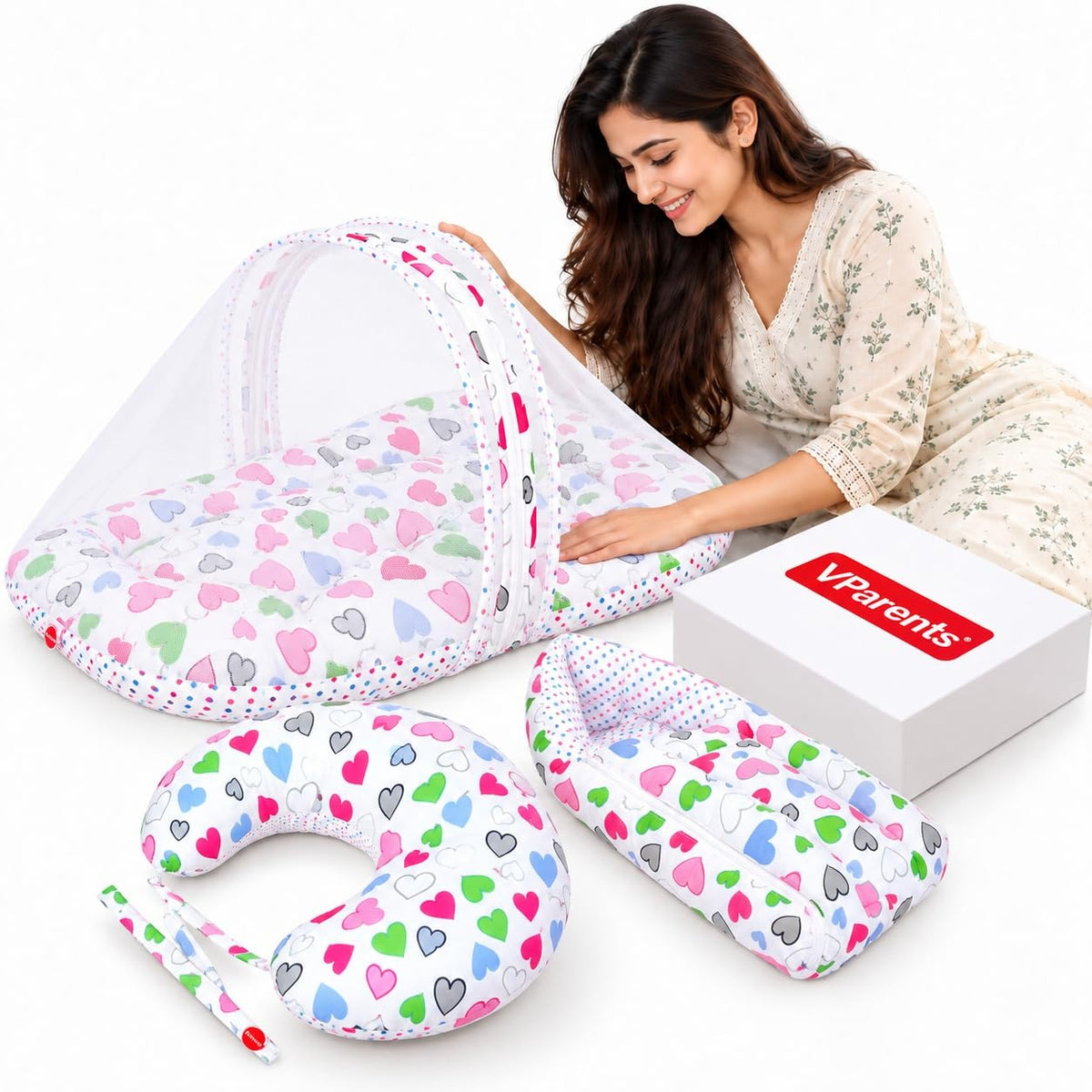 VParents Rosy Baby Feeding Pillow Bedding Set with Mosquito net and Sleeping Bag Combo