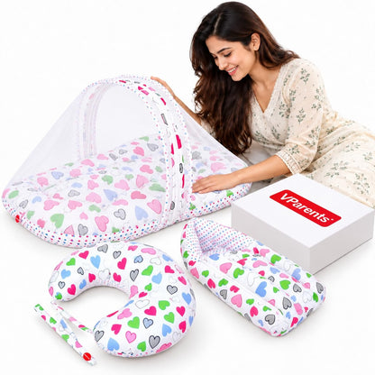 VParents Rosy Baby Feeding Pillow Bedding Set with Mosquito net and Sleeping Bag Combo