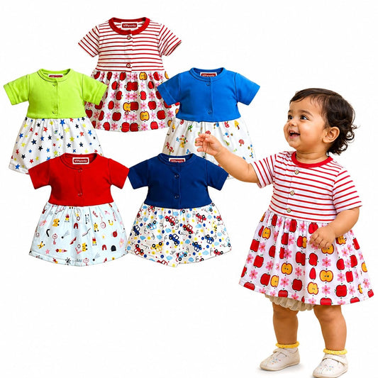 VParents Cotton Knee-Length Half Sleeves Girls 12- 18 months Frock pack of 5