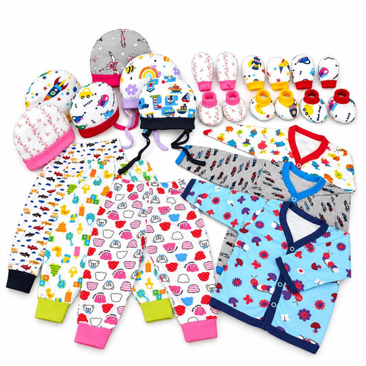 VParents New born Combo gift set for baby boy and girl 3 cap mitten booties 3 tying cap and 3 Fullsleeve jabla 3 pajama (0 -6 month) Assorted Design pack of 18