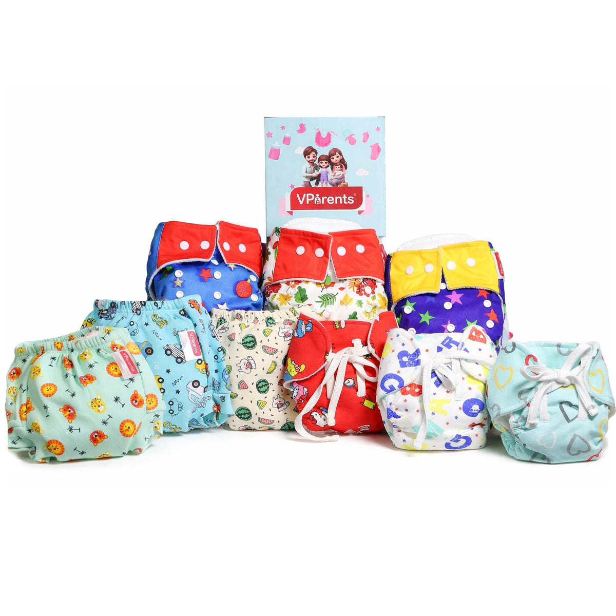 Vparents 9 in 1 Combo of  Padded Underwear Nappies and Cloth Diaper with insert for Diaper-Free Time (0 -6 month) Assorted Design