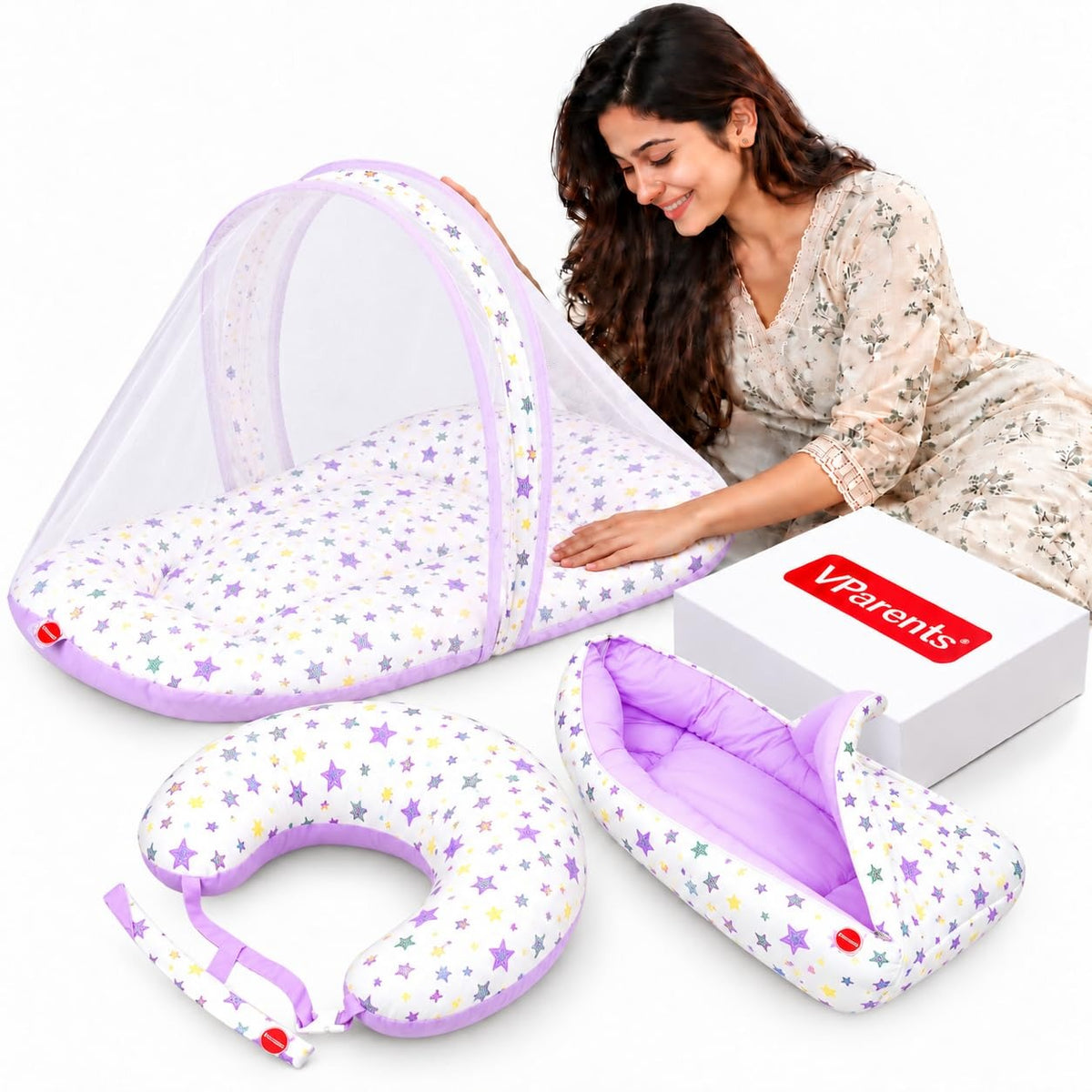 VParents Rosy Baby Feeding Pillow Bedding Set with Mosquito net and Sleeping Bag Combo