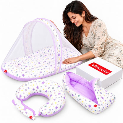 VParents Rosy Baby Feeding Pillow Bedding Set with Mosquito net and Sleeping Bag Combo