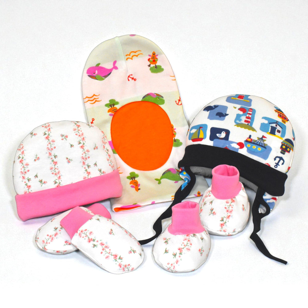 VParents New born Combo gift set for baby boy and girl cap mitten booties and tying cap and monkey cap(0 -6 month)  Assorted Design pack of 5