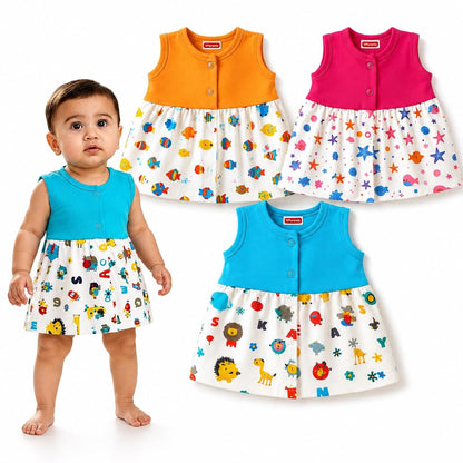 VParents Cotton Knee-Length Sleeveless Girls Frock 6-12 months pack of 3
