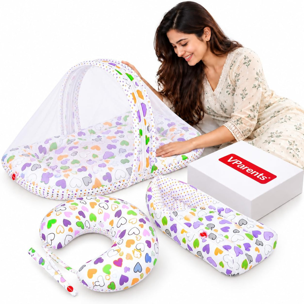 VParents Rosy Baby Feeding Pillow Bedding Set with Mosquito net and Sleeping Bag Combo