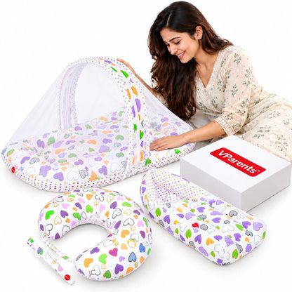 VParents Rosy Baby Feeding Pillow Bedding Set with Mosquito net and Sleeping Bag Combo