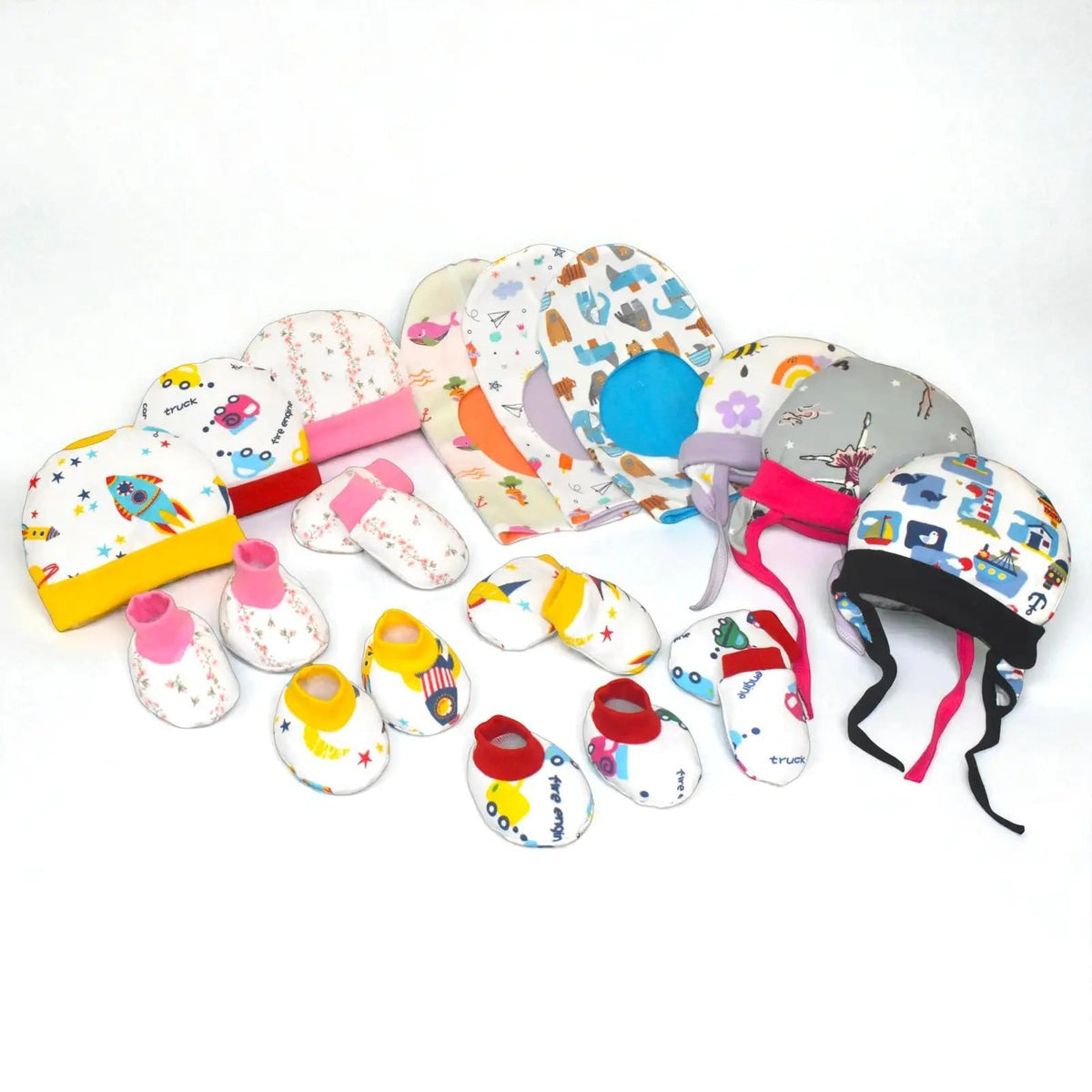 VParents New born Combo gift set for baby boy and girl 3 cap mitten booties and 3 tying cap and 3 monkey cap(0 -6 month)  Assorted Design pack of 15