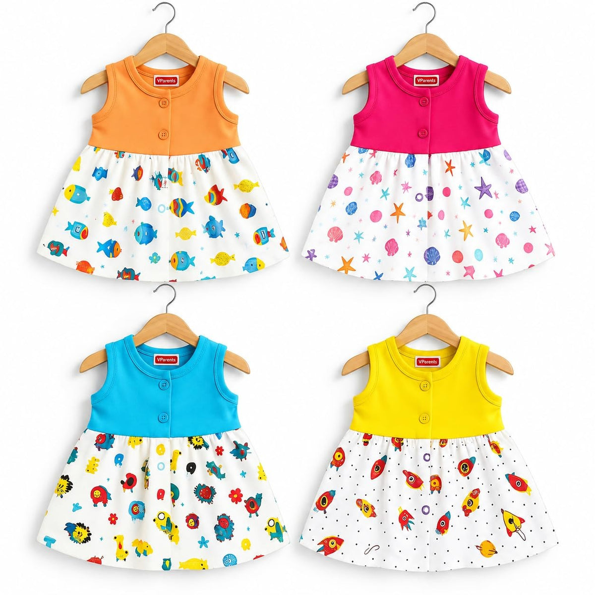 VParents Cotton Knee-Length Sleeveless Girls 6-12 months Frock pack of 4
