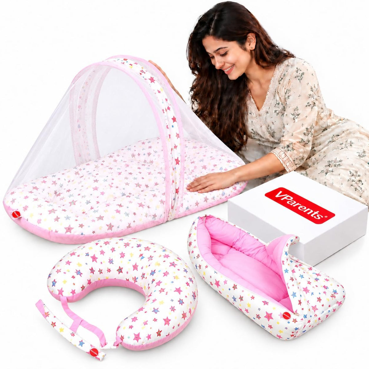 VParents Rosy Baby Feeding Pillow Bedding Set with Mosquito net and Sleeping Bag Combo
