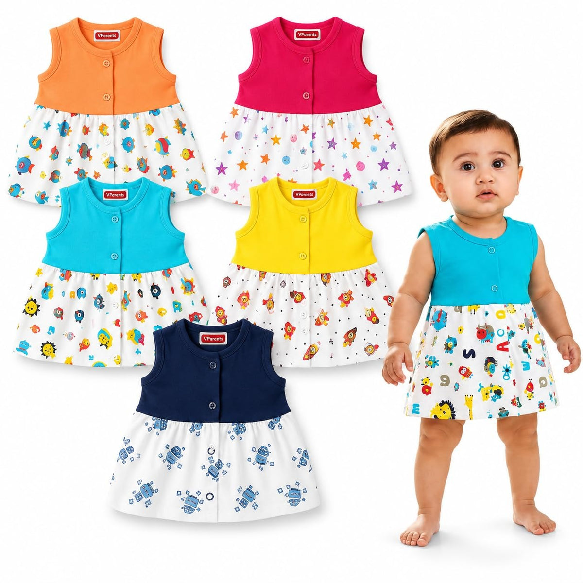 VParents Cotton Knee-Length Sleeveless Girls 12- 18 months Frock pack of 5