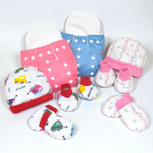 VParents New born Combo gift set for baby boy and girl 2 cap mitten booties and 2 diapers  with insert(0 -6 month) Assorted Design pack of 8