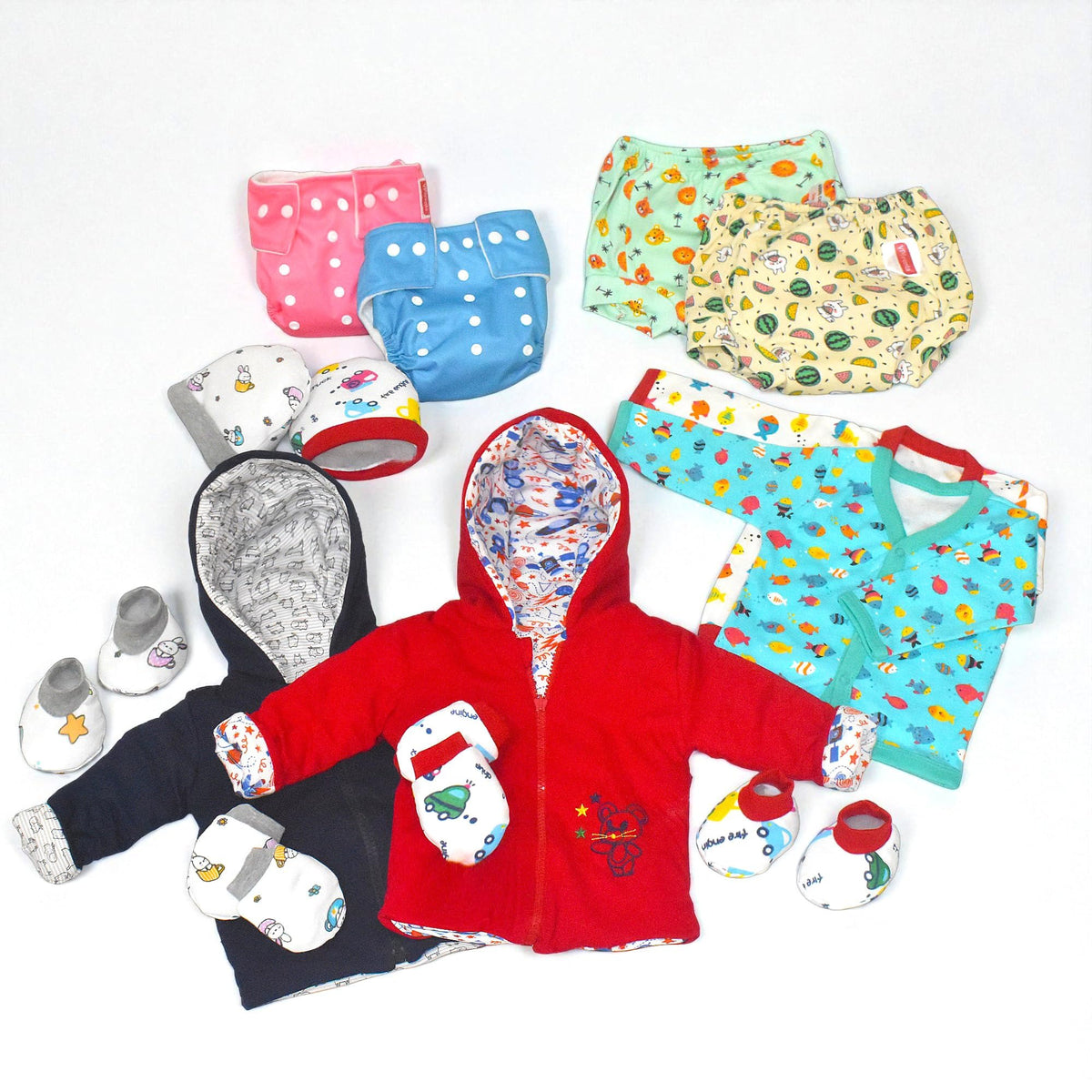 VParents New born Combo gift set for baby boy and girl cap mitten booties and Fullsleeve jabla diaper with insert jacket and  underwears (0 -6 month) Assorted Design pack of 14