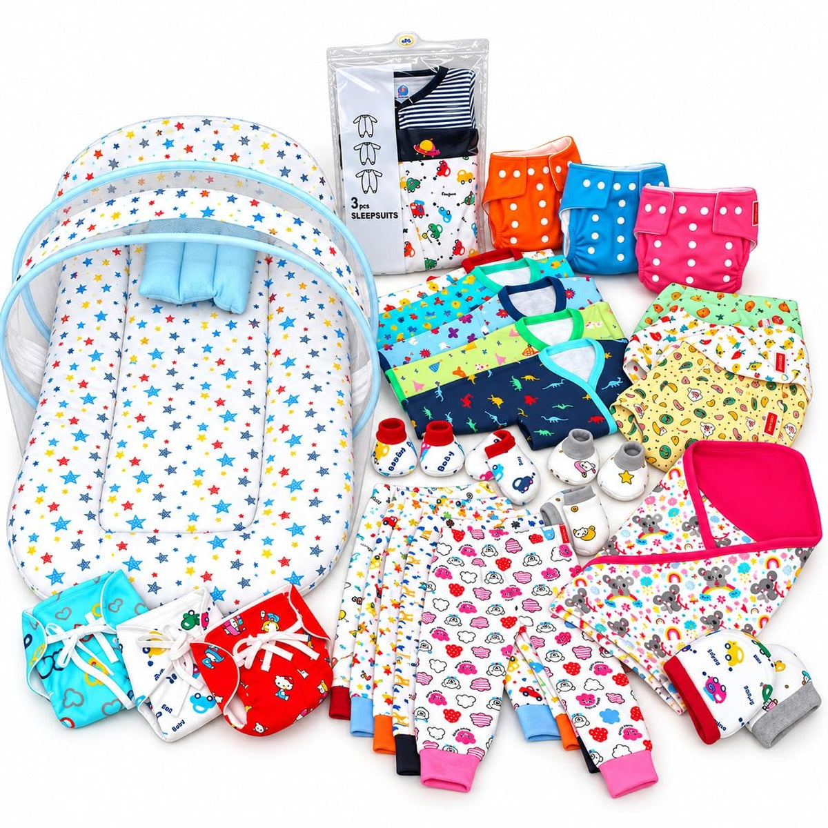 VParents New born Combo gift set for baby boy and girl cap mitten booties  blanket bedding set (0 -6 month) Assorted Design pack of 28