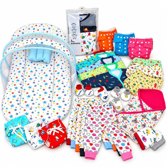 VParents New born Combo gift set for baby boy and girl cap mitten booties  blanket bedding set (0 -6 month) Assorted Design pack of 28