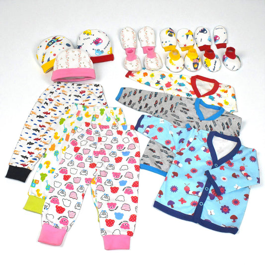 VParents New born Combo gift set for baby boy and girl 3 cap mitten booties and 3 Fullsleeve jabla 3 pajama (0 -6 month) Assorted Design pack of 15